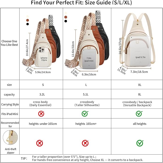 OSOCE Crossbody Bags for Women Sling Bag Anti Theft PU Leather Travel Chest Purse Small Adjustable Strap Fits Large Phone