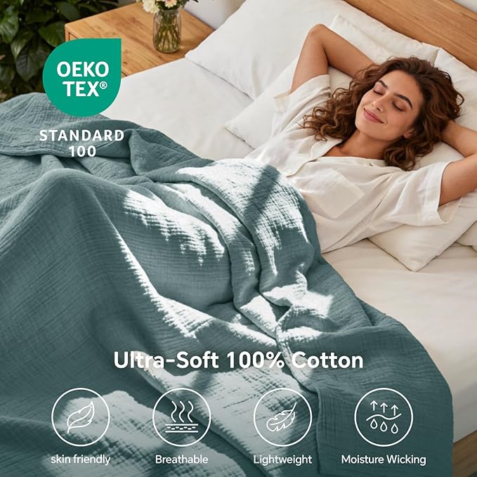 BEDELITE 100% Cotton Muslin Blankets for Adults - 4-Layer King Size Breathable and Lightweight Gauze Blanket for Couch, Bed, Travel and Summer, Soft & Cozy Gift for Women, Teal, 108"x90"