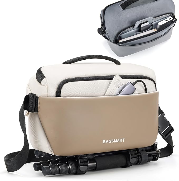 BAGSMART Camera Sling Bag, Small Camera Bags for Photographers with Tripod Holder, Waterproof DSLR/SLR/Mirrorless Camera Bags Crossbody with Rain Cover, Compatible with Canon Sony Nikon, Beige