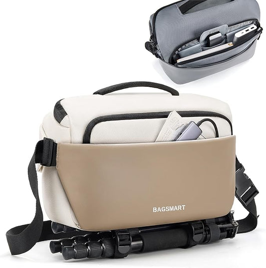 BAGSMART Camera Sling Bag, Small Camera Bags for Photographers with Tripod Holder, Waterproof DSLR/SLR/Mirrorless Camera Bags Crossbody with Rain Cover, Compatible with Canon Sony Nikon, Beige