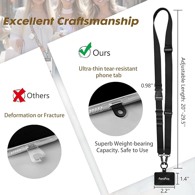 Icycay Phone Lanyard Crossbody, Black Cell Phone Strap for Around The Neck Adjustable, Minimalist Teacher Anti Theft Long Lanyard for ID Holder Key Accessories Travel Essential Women