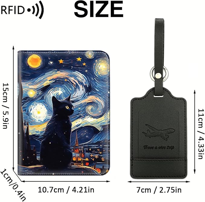 Passport Wallet, Passport Holder with RFID Blocking and Luggage Tag, Waterproof PU Leather Travel Documents Organizer Case, Passport Covers with Card Slot for Women & Men, Cat Night Starry Art