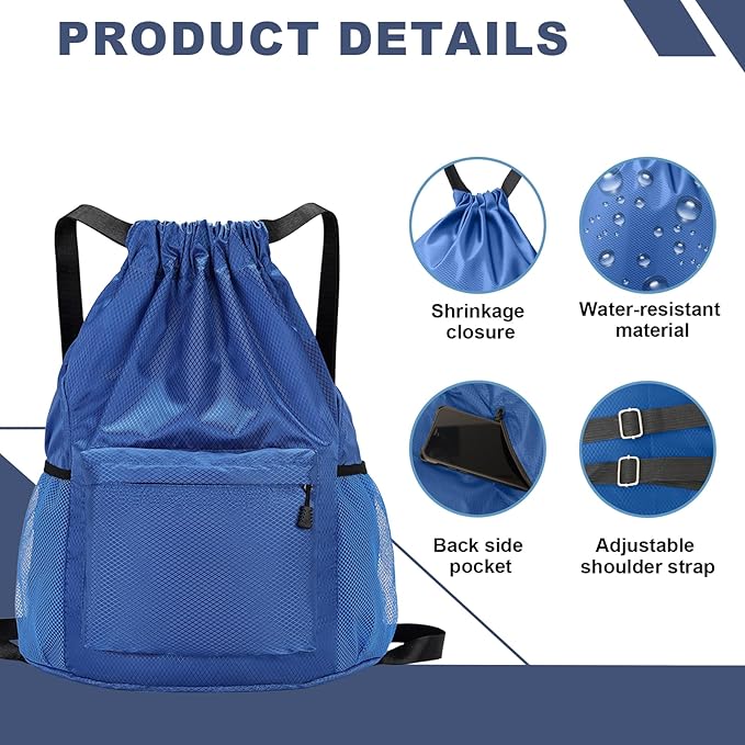 Tygelluis Drawstring Backpack, Waterproof Gym Bag with Water Bottle Pocket for Women Men, Pull String Sport Bag for Swim, Soccer and Basketball, Royal Blue