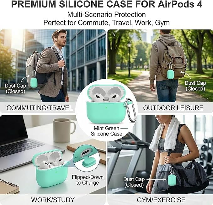 for Airpods 4th Case Cover, Come with Cleaner Kit,Soft Skin Silicone Case Cover with Keychain, Front LED Visibl, Full Protective Case，Compatible with AirPods 4th(Mint Green)