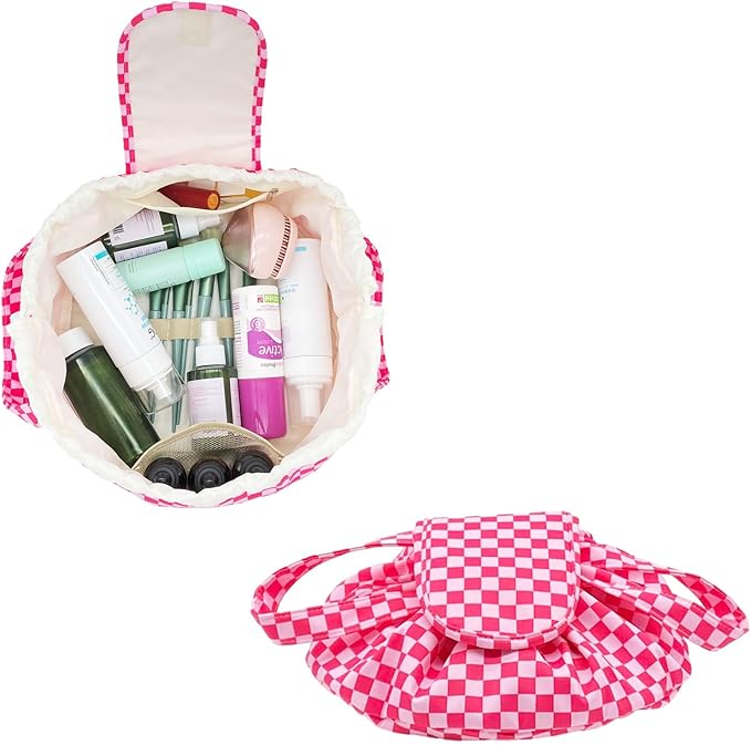 Mrsfox Large Barrel Drawstring Makeup Bag Travel Cosmetic Bag for Women - Portable Make Up Organizer Bag for Skin Care & Toiletries with Brush Holder & Pouch