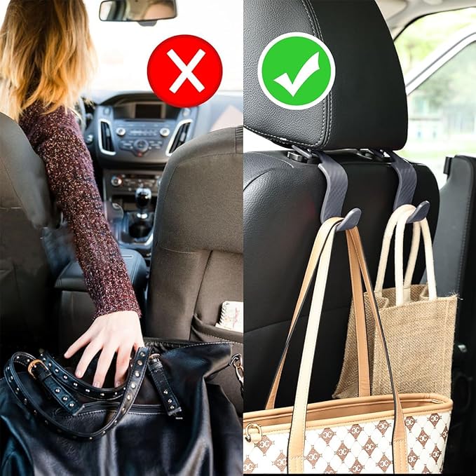 4PCS Car Seat Headrest Hooks, Auto Back Seat Hanger Holder, Durable Stylish Vehicle Organizer Universal Car Interior Accessories, Storage Hooks for Purses, Bags, Clothes (Carbon Fiber/Grey)
