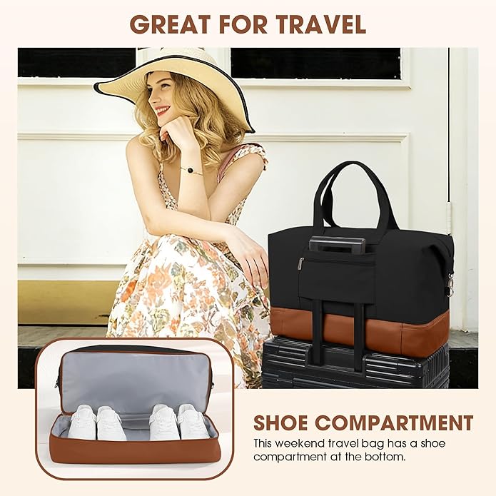 Women's Weekender bag Travel Duffel Bag with Shoe Compartment 21-inch Airline-Approved Carry-On, 2-Piece Overnight Bag Set Personal Item Luggage