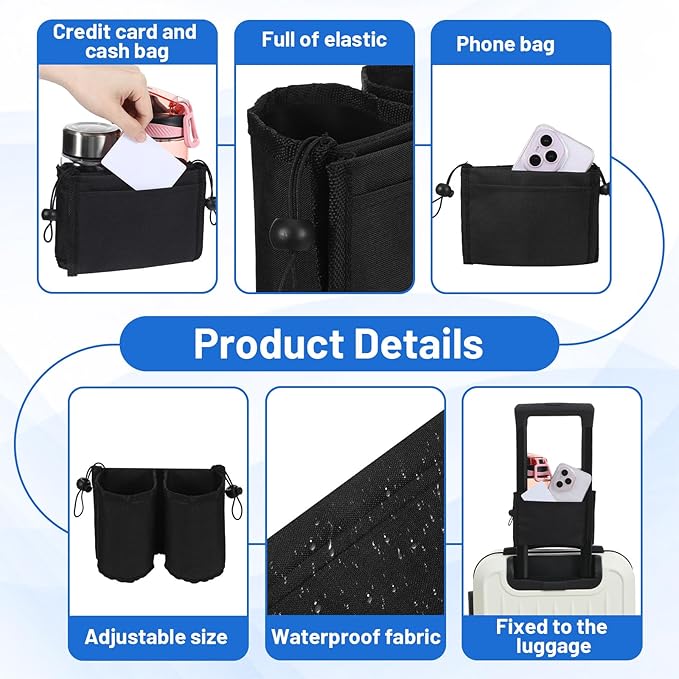 Luggage Travel Cup Holder, Free Hand Drink Caddy Hold Two Coffee Mugs, Fits Roll on Most Suitcase Handles, Gifts for Flight Attendants &Frequent Travelers Accessories