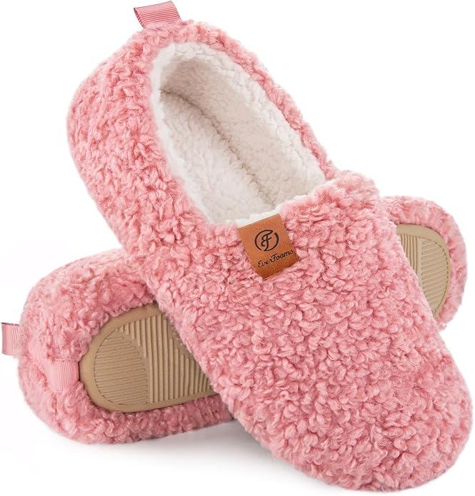 EverFoams Women’s Soft Curly Full Slippers Memory Foam Lightweight House Shoes Cozy Loafer with Polar Fleece Lining