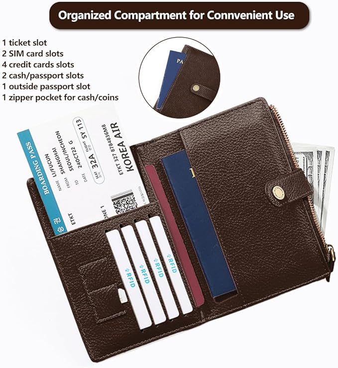Slim RFID Blocking Passport Holder Wallet,PU Leather Travel Card Organizer,Lightweight Passport Case for Women Men (Coffee)