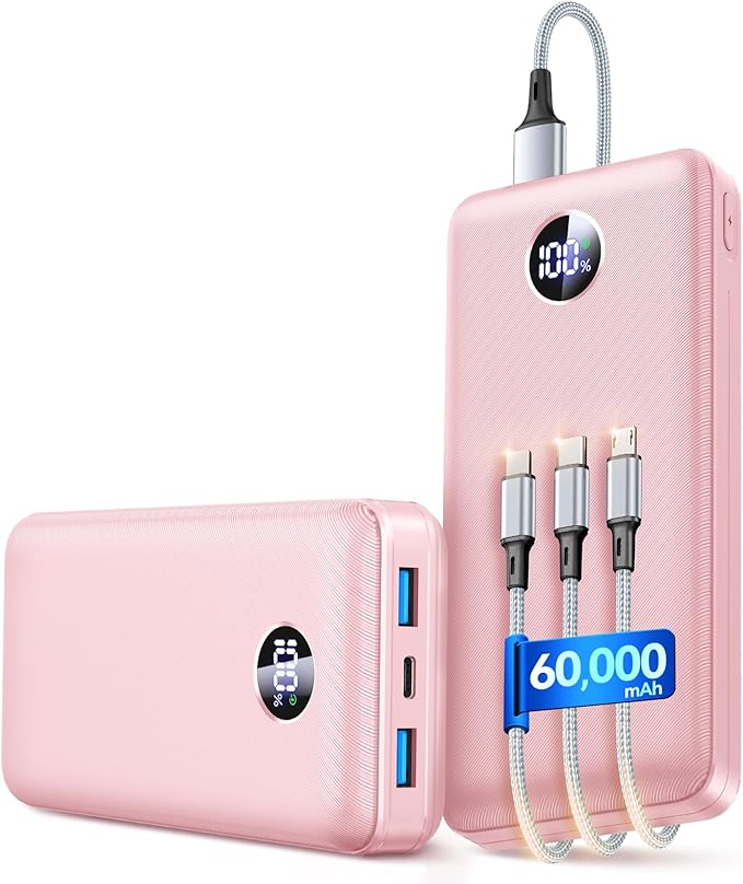 Portable Charger Power Bank - 60,000mAh Battery Pack, 22.5W Fast Charging Phone Charger Attached USB-C/iOS/Micro-USB Cable, Powerbank for iPhone 17 16 15 14 13 Samsung, for Travel Camping Essentials
