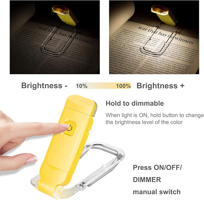 HONWELL Rechargeable Book Light, Clip On LED Reading Lights for Kids Reading in Bed, 3 Brightness Levels Dimmable Bookmark Light for Eye-Protection, Portable Reading Lamp for Bookworms, Travel(Yellow)
