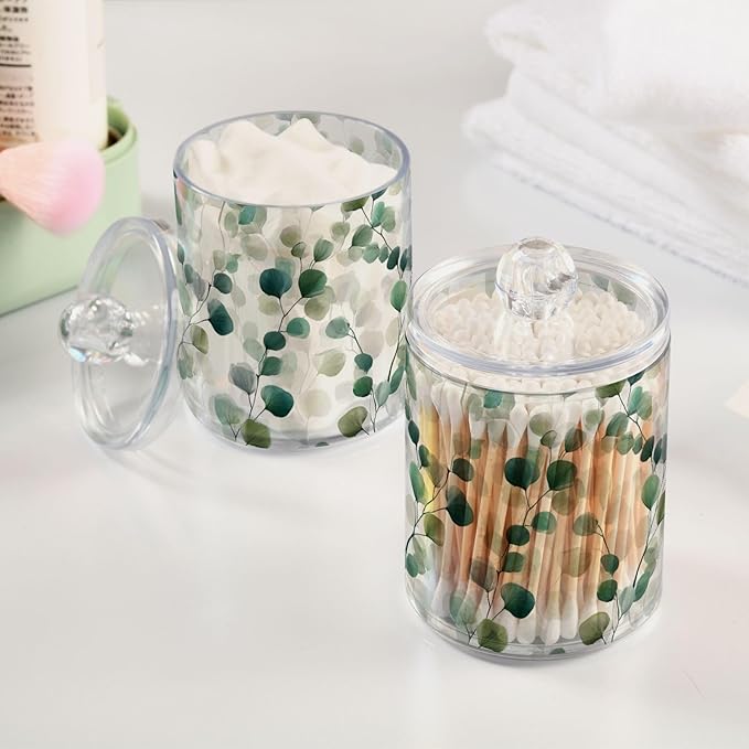 Gredecor Qtip Holder Dispenser 2 Pack Green Watercolor Floral Leaves Apothecary Jars with Lids Bathroom Vanity Countertop Canister Storage Organizer for Cotton Ball,Swabs,Pads,Floss