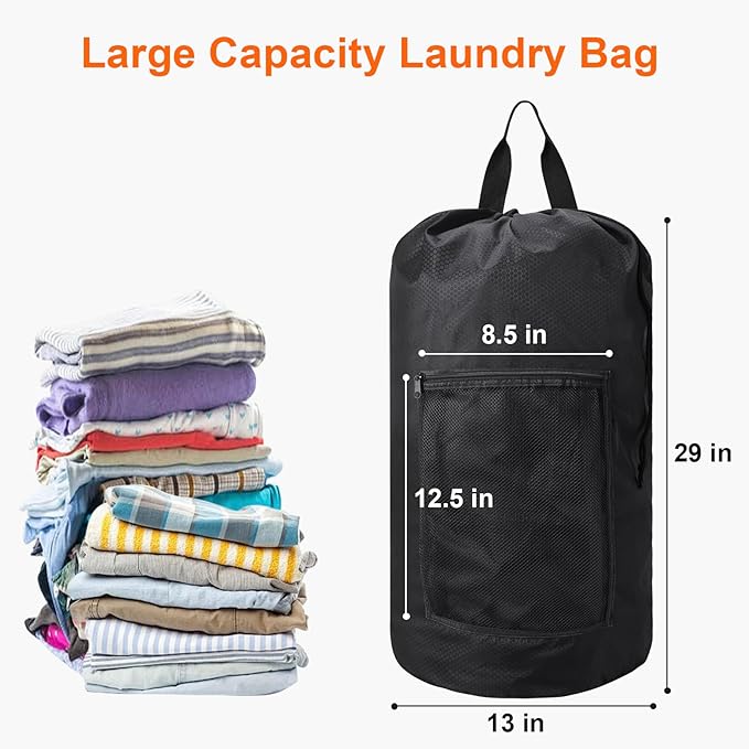 Laundry Bag Backpack Durable Laundry Bag with Shoulder Straps and Mesh Pockets Portable Laundry Hamper Dirty Clothes Bag for College, Travel, Laundromat, Apartment (Black)