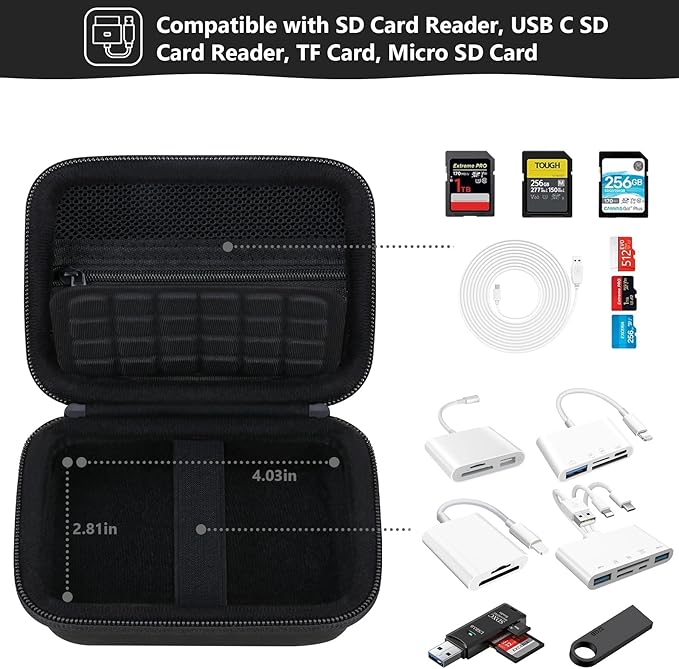 Computer Memory Card Readers Organizer Case Compatible with SD Card Reader, USB C SD Card Reader, TF Card, Micro SD Card, Portable Memory Card Accessories Storage Bag Travel Case, Black