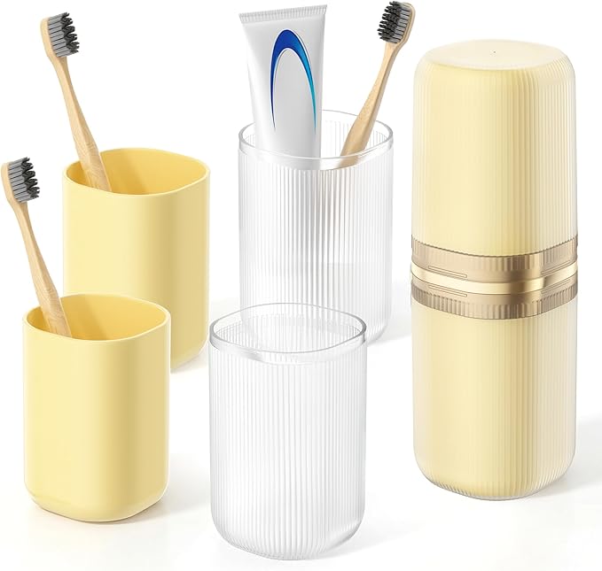 Quatish 4-in-1 Toothbrush Travel Case, Portable Toothbrush Holder with 4 Rinse Cups, Large-Capacity Storage for Toothbrush & Toothpaste, Ideal for Travel, Home, Camping, Gym, Business Trip (Yellow)