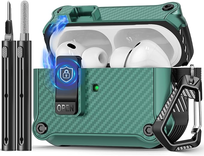 Pohgelan Compatible with AirPods Pro 3 Case,Magnetic Automatic Lock with Cleaning Kit,Compatible with Magsafe,Carbon Fiber Texture Cover-Green