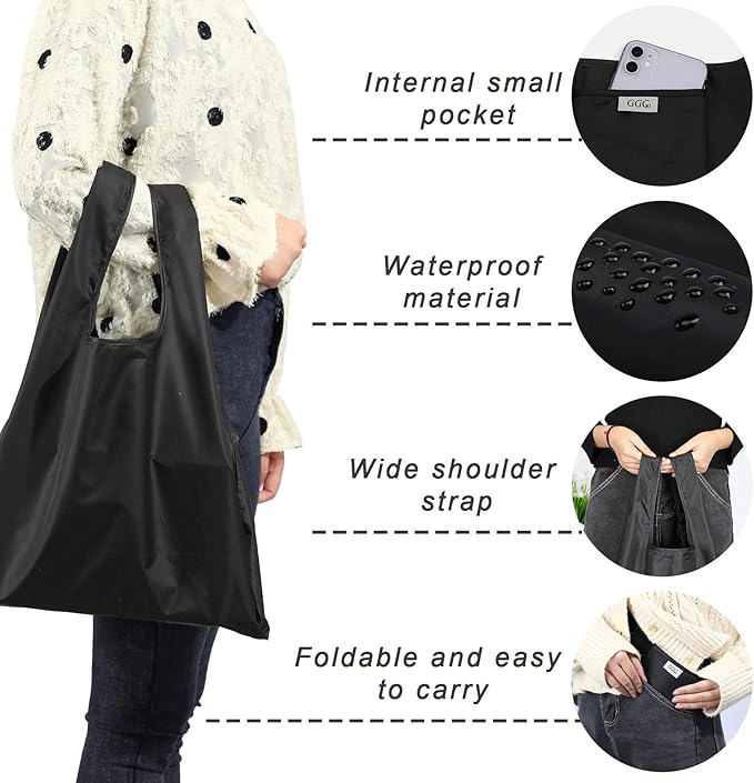 Large Reusable Bags Shopping Washable Foldable 6 Pack Grocery Bags Heavy Duty Lightweight Folding Gift Tote Bags Durable Polyester Black