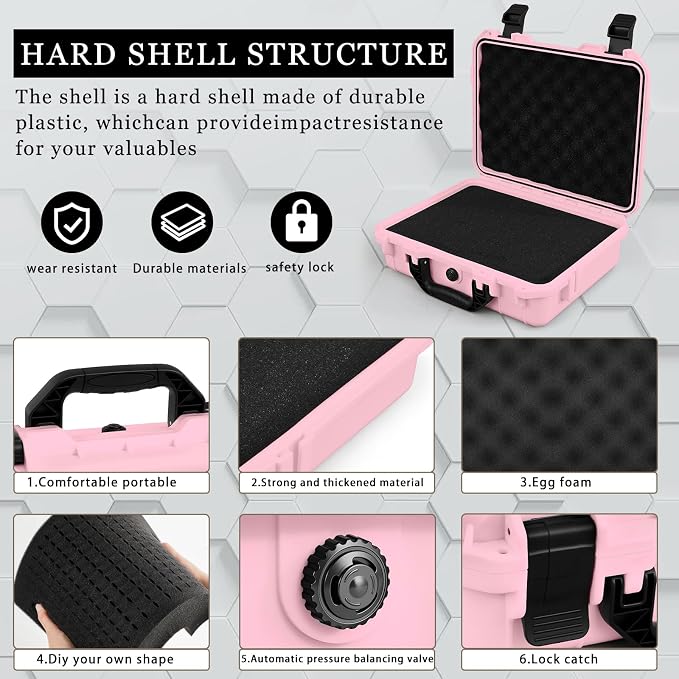 Relaxweex 1 Pcs Waterproof Hard Case with DIY Customizable Foam Insert Portable Protective Case with Knife for Camera Drones Equipments Tools Test Instruments(Pink,16.3 x 12.4 x 6.5 Inch)