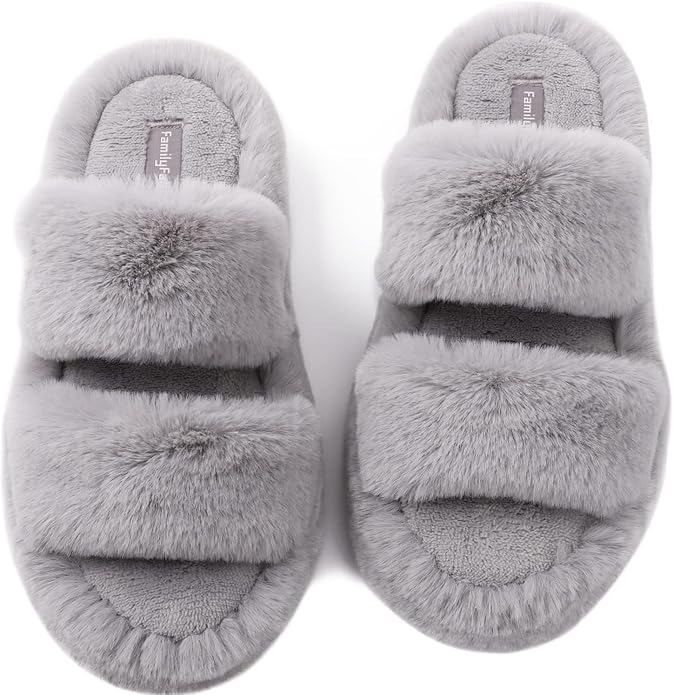 FamilyFairy Women's Fluffy Faux Fur Slippers Comfy Open Toe Two Band Slides with Fleece Lining and Rubber Sole