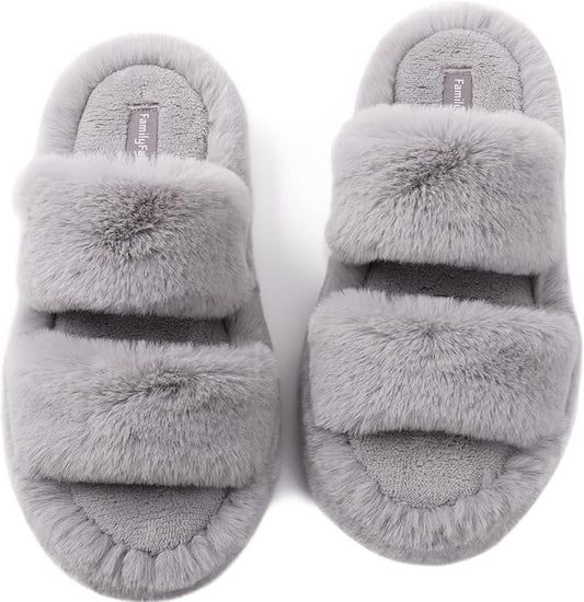 FamilyFairy Women's Fluffy Faux Fur Slippers Comfy Open Toe Two Band Slides with Fleece Lining and Rubber Sole