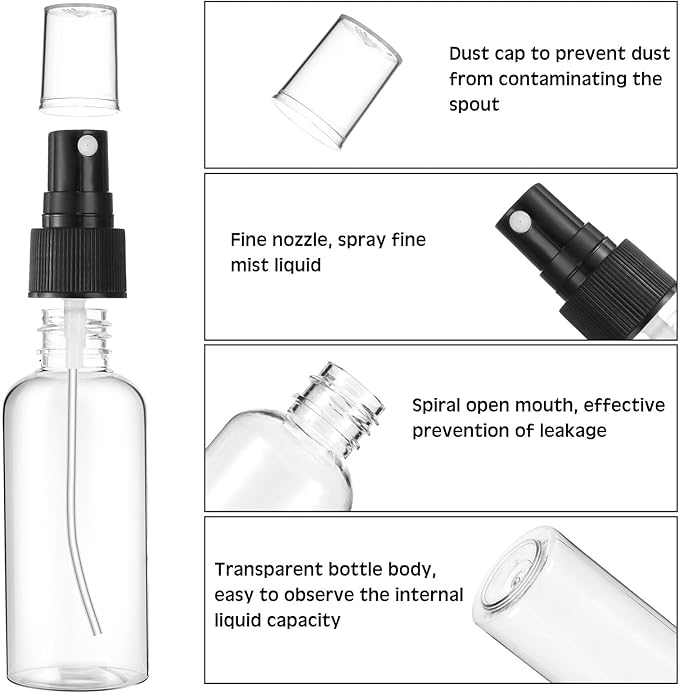 Roshtia 50 Pcs 2 oz Plastic Mini Spray Bottles with Black Cap Clear Empty Fine Mist Spray Bottles Refillable Liquid Container for Essential Oils Perfumes Travel Makeup