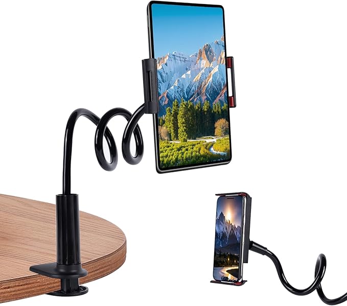 Lazy Bracket Gooseneck Tablet Holder for Bed, 360 Flexible Long Arm Adjustable Tablets Stand Clamp for Desk Phone Mount, Compatible with iPad 4" - 8" Tablet Gooseneck Holder Cell Phone Stand