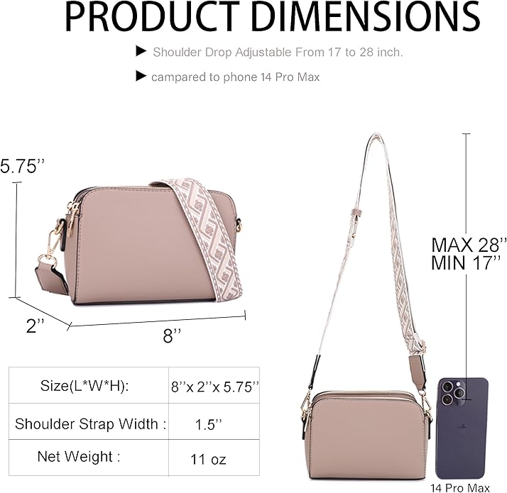 EVVE Crossbody Bags for Women Trendy Triple Zip Small Crossbody Camera Bag Purse with Wide Guitar Strap