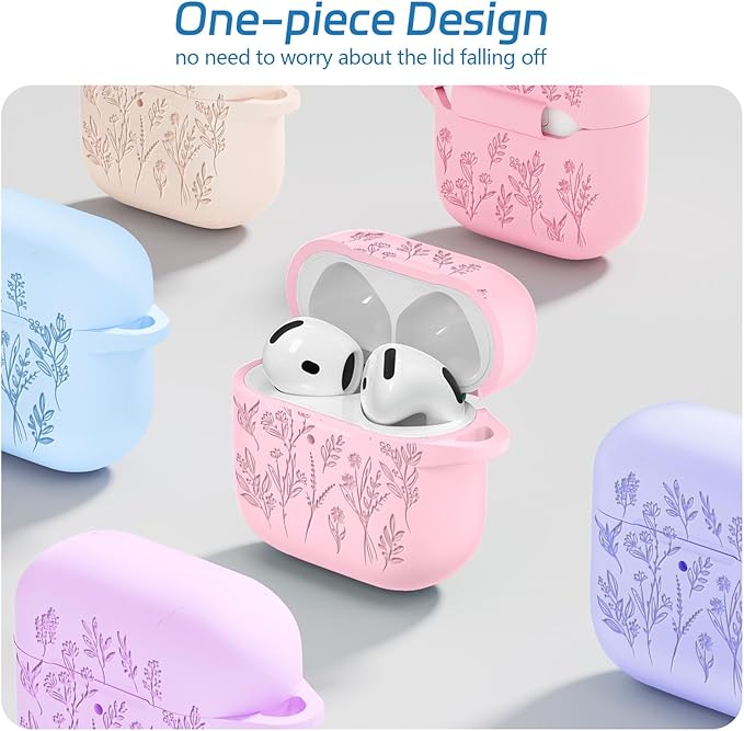 for Airpods 4 Case, Ekoonpft Flower Engraved Cases for Apple AirPods 4th Generation 2024, Soft Silicone Cover for Women Girly with 3-in-1 Cleaning Kit & Keychain, Anti-Scratch, Shockproof