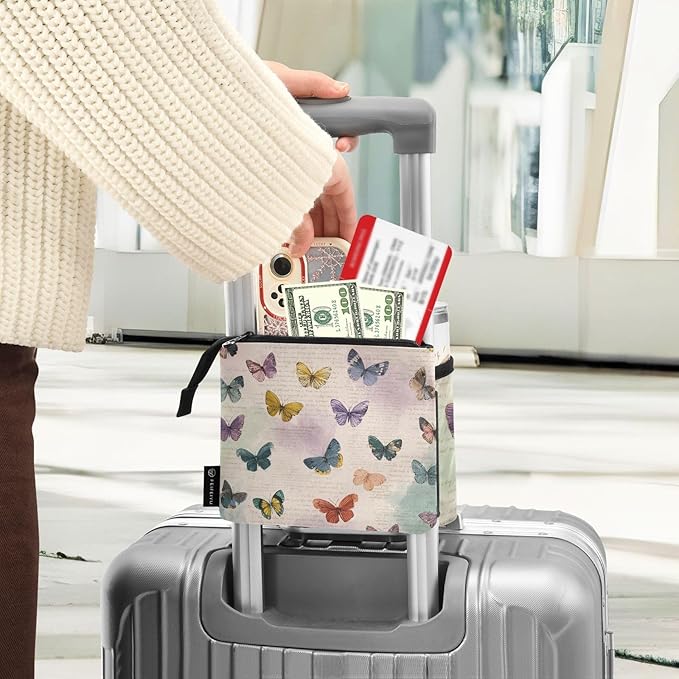 Luggage Cup Holder for Suitcases Free Hands Suitcase Cup Holder Travel Luggage Drink Holder Portable Luggage Cup Caddy Bag Carrier with Handle Vintage Beige Butterflies