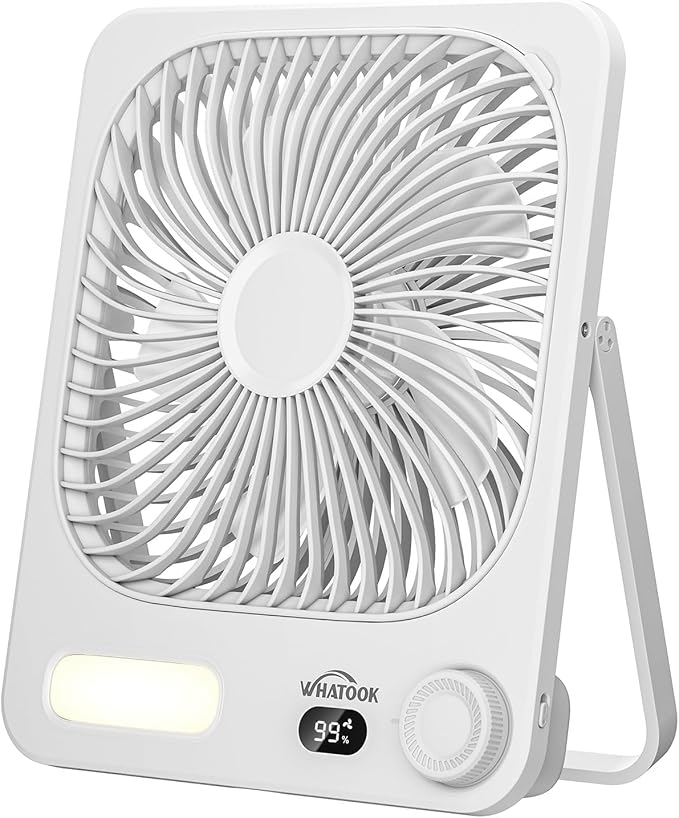 WHATOOK Small Desk Fan Rechargeable - 10000mAh Battery Operated Portable Fan with 100 Speeds & Night Light, Ultra Quiet Personal Desktop Fan for Bedroom, Office, Camping & RV Tent (White)