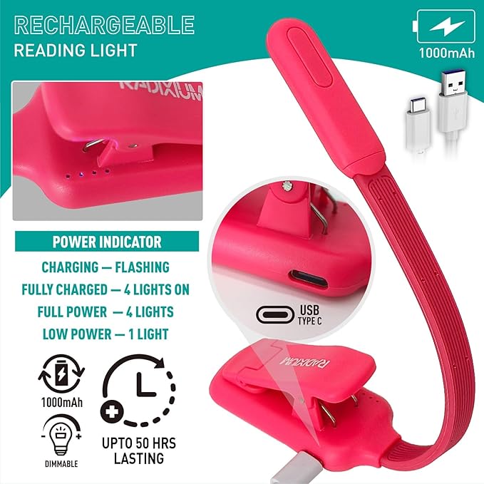 Rechargeable Book Reading Light at Night in Bed, Eye Caring 9 LED with 9 Color Temperatures, Stepless Dimming Brightness, Clip on Book Light, Prefect Elegant White Gift for Book Lover.(Pink)
