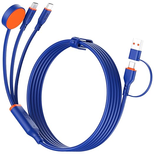 Travel Essentials 3 in 2 Multi Charging Cable 100W USB A/C to Dual USB C/for Apple Watch Charging Cable Silicone Fast Charge Compatible with iPhone 17-15 Series iPad MacBook, Type-C Devices 5FT-Blue