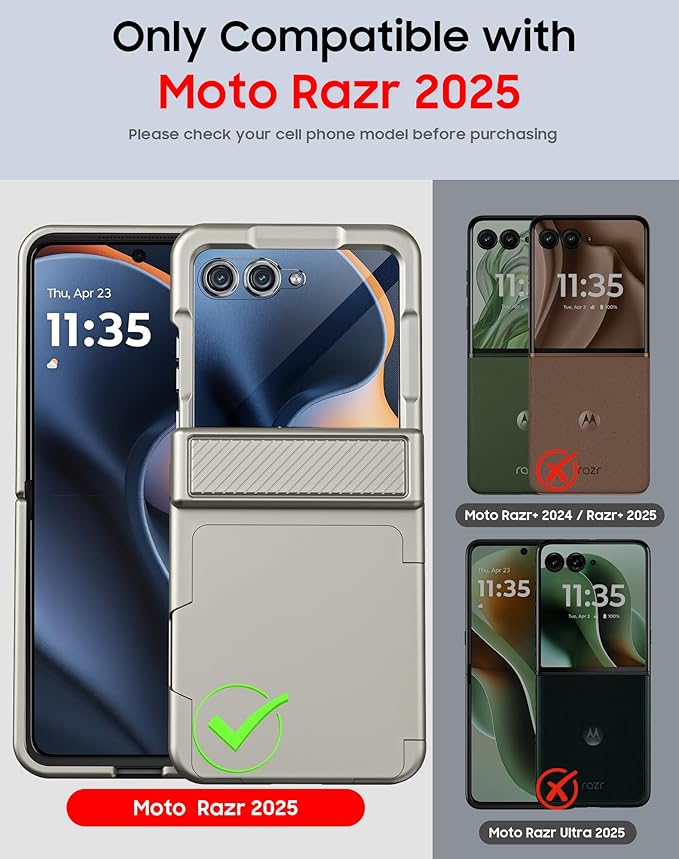 for Motorola Razr 2025 Case/Razr 2024 Case with Card Holder RFID Blocking, Built in Hinge Protection,Screen Protector,Full Body Rugged Shockproof Phone Case for Razr 2025/2024 (Titanium)