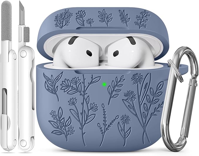 for Airpods 4 Case, Ekoonpft Flower Engraved Cases for Apple AirPods 4th Generation 2024, Soft Silicone Cover for Women Girly with 3-in-1 Cleaner Kit, Keychain, Military Grade Protection