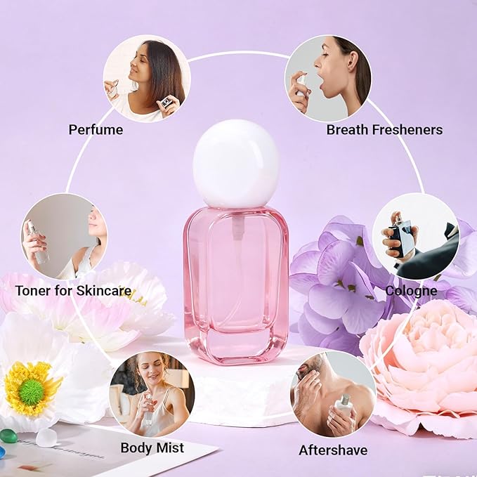 Segbeauty 1oz Fine Mist Glass Travel Spray Bottles for Toileties, 2pcs Square Pink Refillable Perfume Atomizer with Round Cap, 30ml Empty Cologne Sprayer, Liquids Essentials Container for Travel