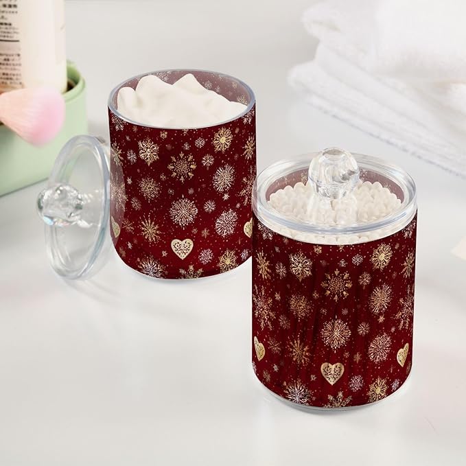 Gredecor Christmas Winter Qtip Holder Dispenser 2 Pack Gold and White Snowflakes Apothecary Jars with Lids Bathroom Vanity Countertop Canister Storage Organizer for Cotton Ball,Swabs,Pads,Floss