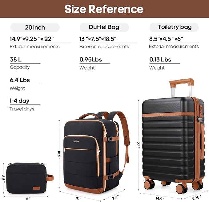 Luggage Sets 3 Piece, Carry On Luggage 20In With Spinner Wheels,PC Hardside Suitcase Set with TSA Lock,Durable Carry On Suitcase With Travel Backpack for Men (Black Brown, 3 piece set (BP/20inch))