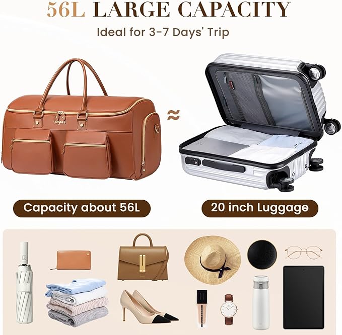 Suit Bag,Vessgra 56L Garment Bags for Travel,2 in 1 Leather Duffle Bags for Men Women, PU Leather Convertible Travel Bag with Shoe Compartment,Work Weekender Bussiness Wedding,Reddish Brown