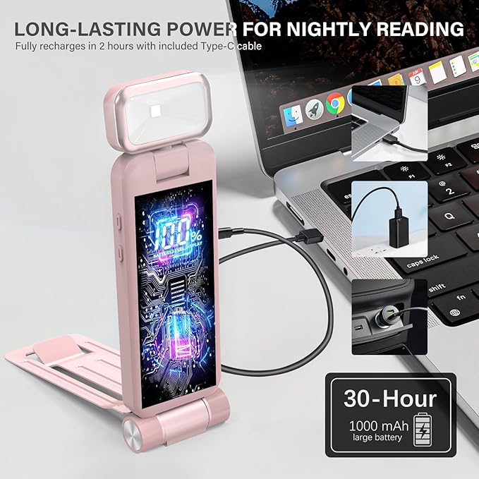 KTEBO Rechargeable Book Light with Clip & Battery Indicator, 9 Luminescence Modes, USB-C Portable 1.6 oz Ultralight Lamp for Night Reading in Bed, Readers - Pink