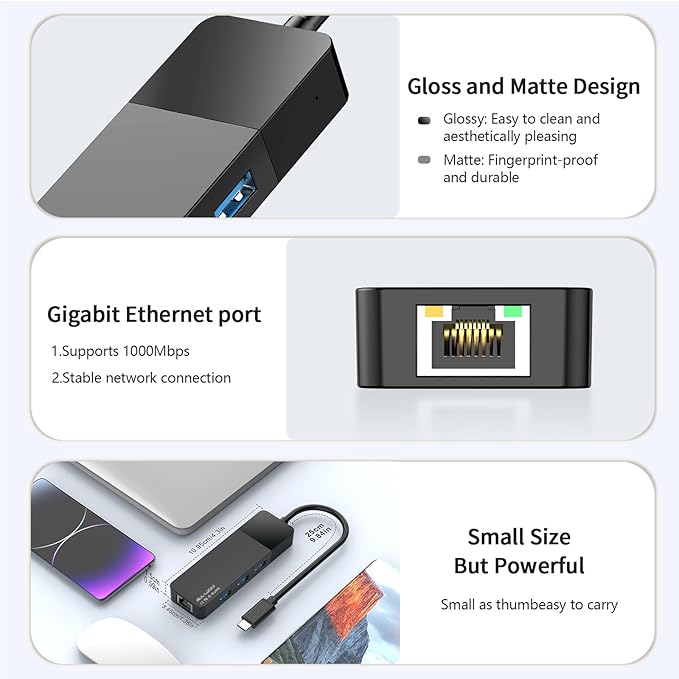 ALL-LUCKY USB to Ethernet Adapter, 4 in 1 USB C to Ethernet Adapter Hub with 3×USB 3.0 Ports, 1000Mbps Network HUB for MacBook, Dell XPS, Surface, HP Laptops (for USB-C Phones & iPad)