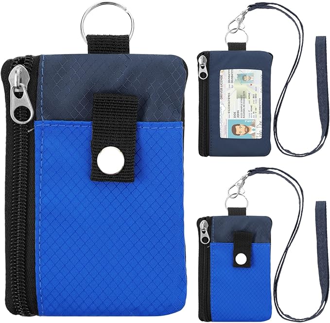 Minimalist Small Wallet for Men Women with 2 Zip Pockets, Multi Functional ID Case with Keychain and Card Holder, Coin Purse Badge Lanyard Pouch for Boys Girls Travel -Blue+DarkBlue