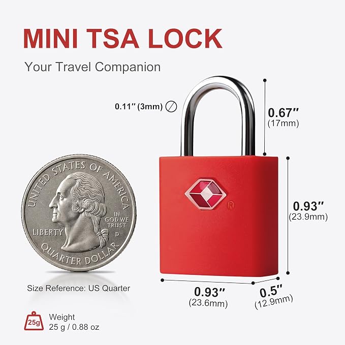 TSA Locks for Luggage with Key, Travel Luggage Locks TSA Approved 4 Pack, Small Padlock with Key, Same Keyed Mini Padlock for Suitcase, Backpack, Bag, Purse, Tent, Zipper, Tool Box (Red)