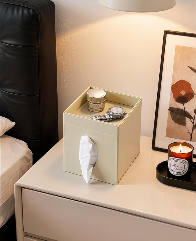 Luxspire Square Tissue Box Cover, PU Leather Square Tissue Box Cover with Storage Tray, Tissue Box Holder, Tissues Cube Boxes Cover for Living Room, Bedroom Countertop Cars Hotels, Khaki