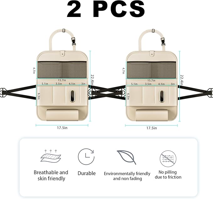 XDV Car Seat Organizers,Multi-functional Back Seat Protectors, Storage Pouches, Child kicking prevention and Tray Holders (for Cars, Kids, Seat Back and Rear Seats) (Beige, 2 Pcs)