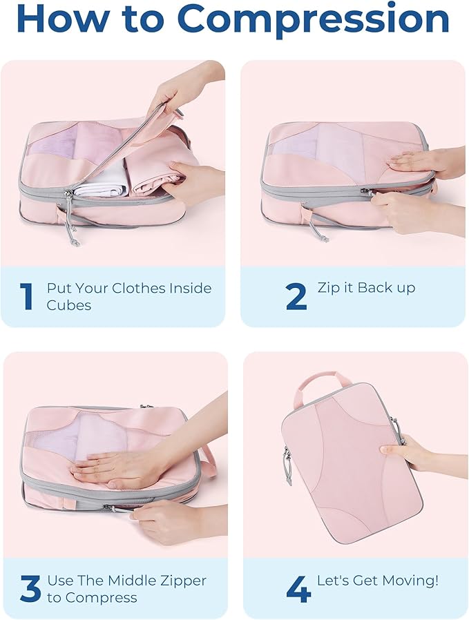 BAGSMART Compression Packing Cubes for Travel, 6 Set/14 Set Compressible Luggage Organizer for Cruise Ship, Lightweight Travel Essentials (1L+2M+2S+Shoe bag+Drawstring bag+Toiletry bag+6Plastic bags)