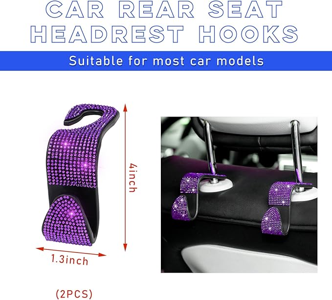Ohleats 2 PCS Bling Car Seat Headrest Hooks, Crystal Rhinestone Back Seat Hanging Storage Organizer, Vehicle Seat Hanger Holder for Purse Handbag Coat, Interior Car Accessories (Purple)