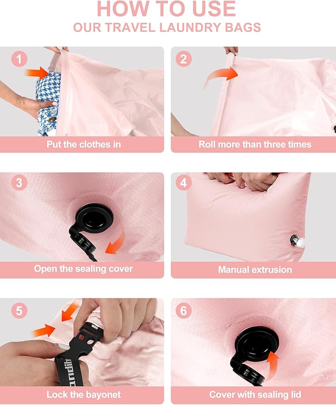 Travel Compression Laundry Bag, Pump-Free Vacuum Space Saver Bag for Dirty Clothes, Reusable Waterproof Wet Dry Bag, Travel Laundry Bag for Luggage, Packing, Suitcase (1 Pcs)（Pink, M)