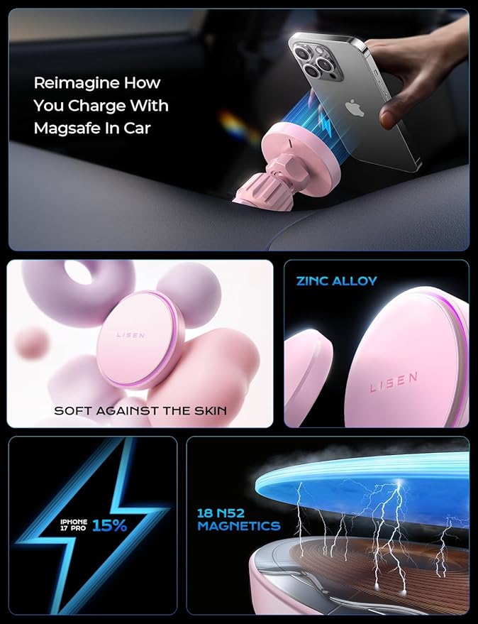LISEN for 15W MagSafe Car Mount Charger,Magnetic Wireless Car Charger for iPhone 17 Pro Max Accessories,Magnetic Phone Holder for iPhone 17-12,Samsung,Pixel,Jeep Ford F150 Accessories,Light Pink