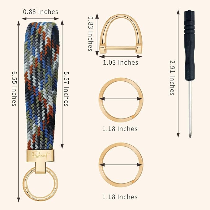 Fishent Stretchy Wristlet Keychain, Cute Key Chain, Woven Wrist Lanyard for Car Keys with 3 Keyrings and D-ring for Women Men